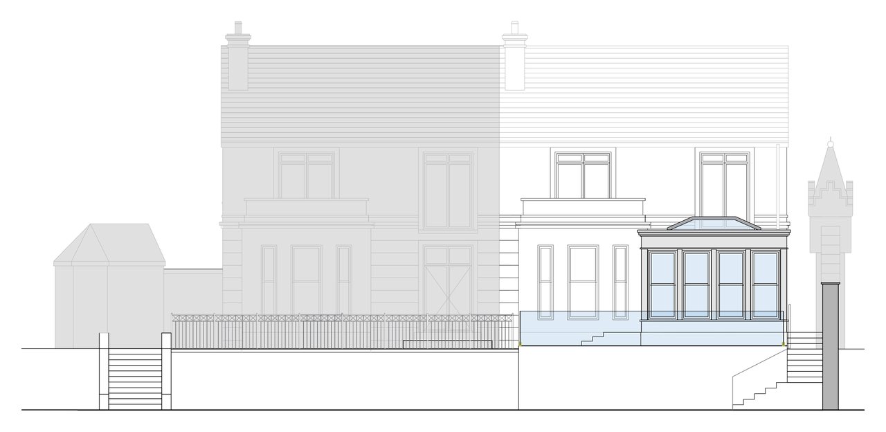 Rear elevation drawing of the house showing the extension and terrace