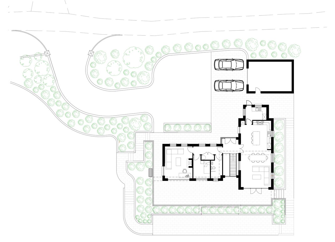 Upper ground floor plan showing two wings, terrace, driveway and garage