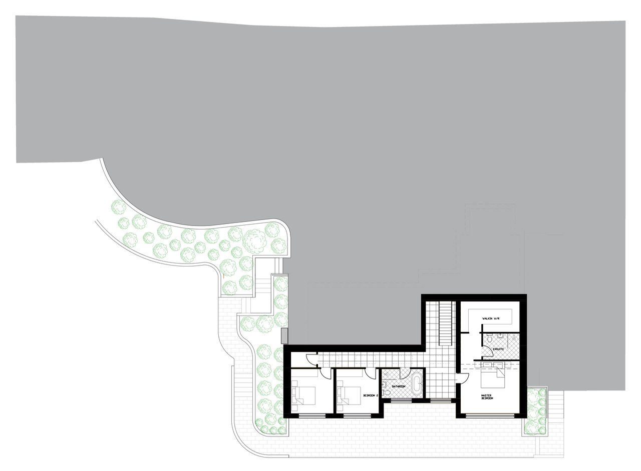 Lower ground floor plan with bedrooms set into the falling ground