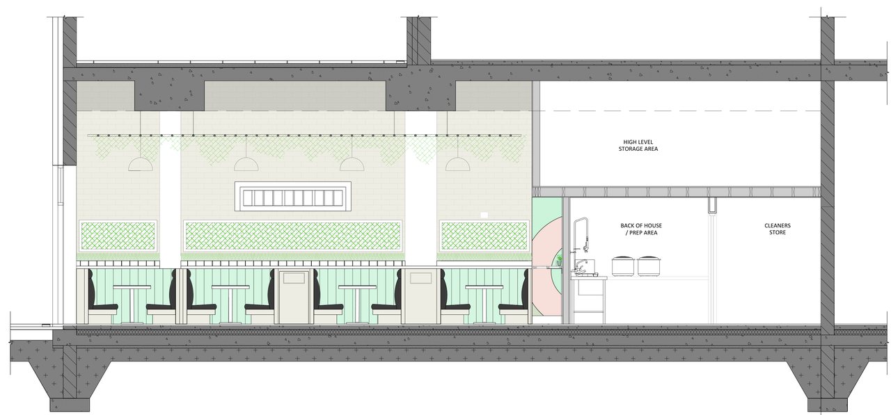 Section drawing through the restaurant